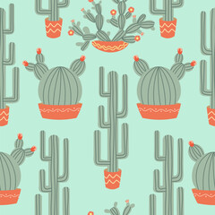 Seamless pattern with cactus in a pot, flowers. Colorful design for fabric, gift paper, posters.