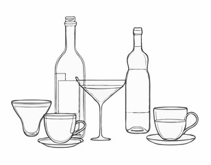 Whimsical Line Art of Wine Bottle, Cocktail Glass, and Tea Cup for Drink Labels
