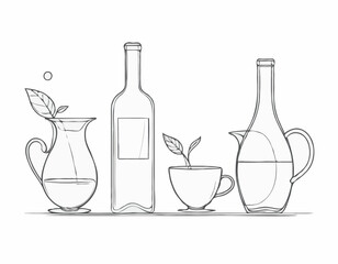 Whimsical Line Art of Wine Bottle, Cocktail Glass, and Tea Cup for Drink Labels