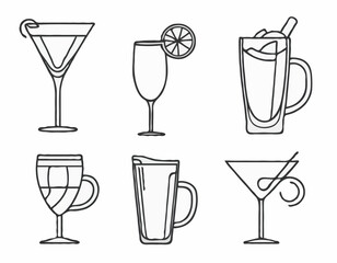 Minimalist Beer Mug, Martini Glass, and Coffee Mug Line Icons for Beverage Brands