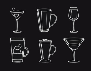 Minimalist Beer Mug, Martini Glass, and Coffee Mug Line Icons for Beverage Brands