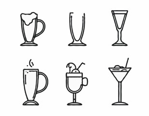 Minimalist Beer Mug, Martini Glass, and Coffee Mug Line Icons for Beverage Brands