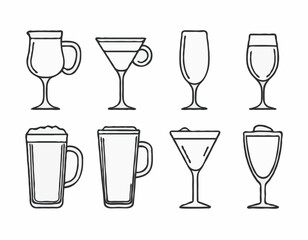 Minimalist Beer Mug, Martini Glass, and Coffee Mug Line Icons for Beverage Brands