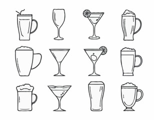 Minimalist Beer Mug, Martini Glass, and Coffee Mug Line Icons for Beverage Brands