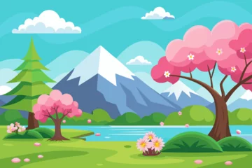 Fototapeten spring landscape illustration with mountains, trees, flowers and blue sky   © skcpdesign