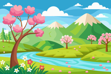 spring landscape illustration with mountains, trees, flowers and blue sky

