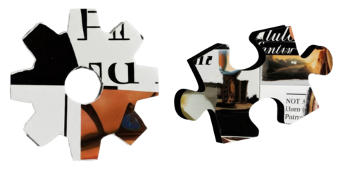 PNG Two jigsaw puzzle pieces display diverse scenic fragments on a transparent background.