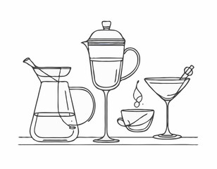 Stylish Black and White Wine Glass, Cocktail Shaker, and Tea Pot Icons for Menus