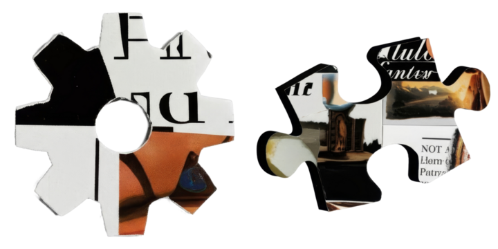 PNG Two jigsaw puzzle pieces display diverse scenic fragments on a transparent background.