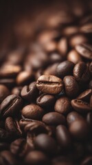 artistic professional photo of close-up coffee beans with soft light and shadows, perfect lighting, realistic and cinematic style