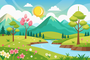 Fototapeta premium spring landscape illustration with mountains, trees, flowers and blue sky