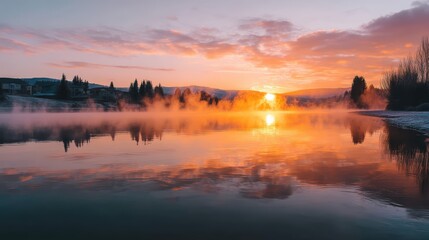 Obraz premium artistic professional photo of cold mist rising from a river at sunrise, perfect lighting, realistic and cinematic style