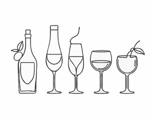 Elegant Outline Icons of Wine Bottle, Cocktail Glass, and Coffee Bean for Drink Logos
