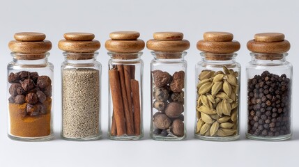 A 4K photo of five spice jars on white background for cooking or food photography.