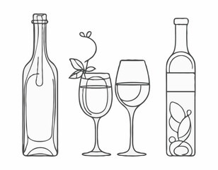 Elegant Outline Icons of Wine Bottle, Cocktail Glass, and Coffee Bean for Drink Logos