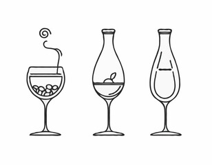 Elegant Outline Icons of Wine Bottle, Cocktail Glass, and Coffee Bean for Drink Logos