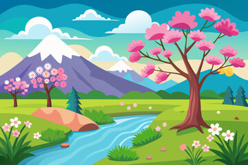 Obraz premium spring landscape illustration with mountains, trees, flowers and blue sky