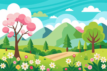 Obraz premium spring landscape illustration with mountains, trees, flowers and blue sky