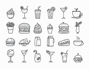 Sleek and Stylish Line Art Collection of Food and Beverage Icons