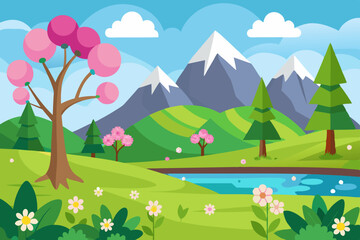 Fototapeta premium spring landscape illustration with mountains, trees, flowers and blue sky