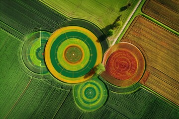 Aerial drone view of circular crop fields with precision farming overlays showing data zones and soil health metrics, captured in daylight to illustrate agricultural efficiency