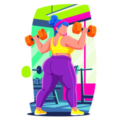 Plus size athletes and older people exercising in cartoon or stylized illustration