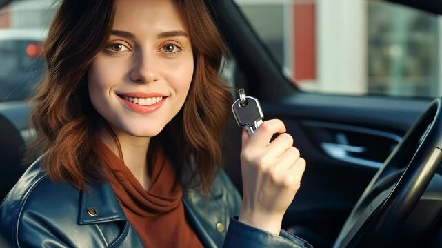 Young beautiful woman holds a car key sitting at steering wheel. Buying a car at Dealership, car rental, ren-a-car, driving courses, driving license, car alarm remote control concept. - Powered by Adobe