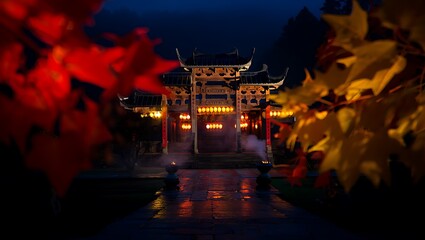 Fototapeta premium Enchanted Autumn Night Illuminated Asian Temple Amidst Vibrant Fall Foliage