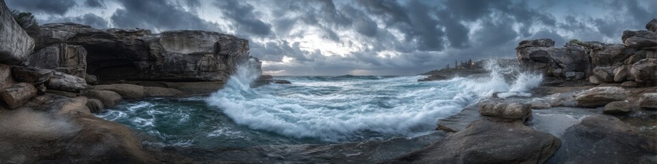 artistic professional photo of dramatic coastal cliffs with crashing waves at golden hour, panoramic view, perfect lighting, realistic and cinematic style