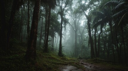 Naklejka premium Misty Forest Pathway Surrounded by Lush Greenery and Tall Trees in a Tranquil Jungle Environment