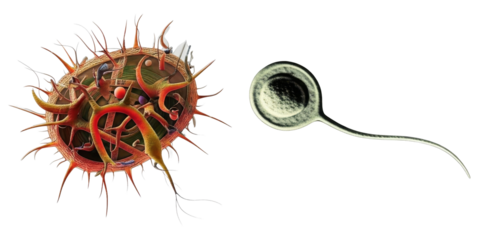PNG Detailed showcases a vibrant pollen grain alongside a streamlined sperm cell.