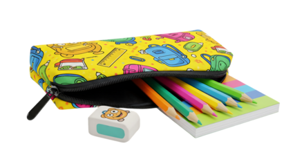 Back to school supplies pencil case colored pencils notebook and eraser stationery