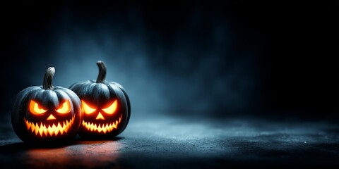 Spooky halloween night: glowing jack-o'-lanterns in dark, misty setting