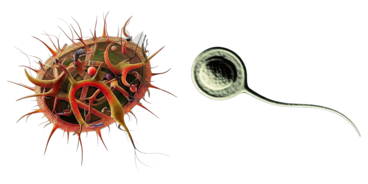 PNG Detailed showcases a vibrant pollen grain alongside a streamlined sperm cell.