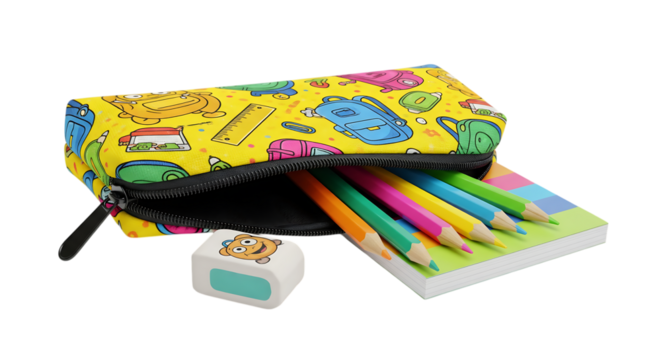 Back to school supplies pencil case colored pencils notebook and eraser stationery