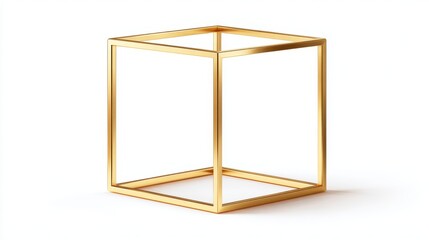 A 4K photo of minimalist gold cube frame on white background.