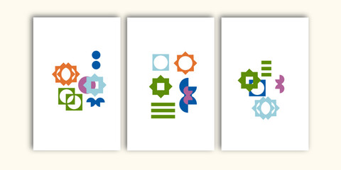 Set of three colorful abstract geometry wall art vector. Geometric wall print for home decorations.