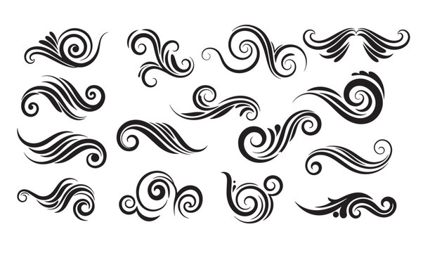 Decorative swirls and flourishes silhouette design elements for elegant vector graphics