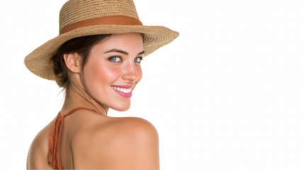 Portrait featuring a cheerful young woman wearing a stylish swimsuit top and a trendy straw hat, smiling brightly against a transparent background