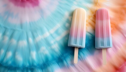 Top view of pastel color colorful popsicle on pastel tie dye background background with copy space. Generated image