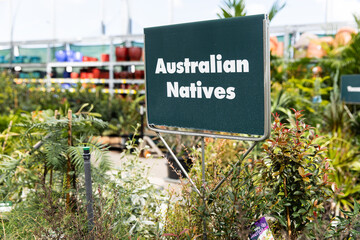 sign for Australian Native plants at a gardening centre of a shop