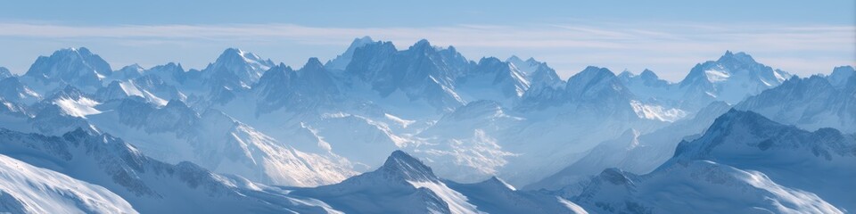 artistic professional photo of Swiss Alps with snowy peaks and blue sky, panoramic view, perfect lighting, realistic and cinematic style