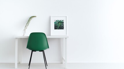 Sleek minimalist white desk with chair and framed photo, featuring a clean and uncluttered solid background.