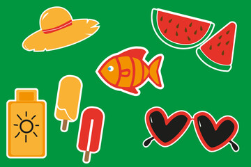 Summer icons show hat, watermelon, fish, sunscreen, popsicles, sunglasses
