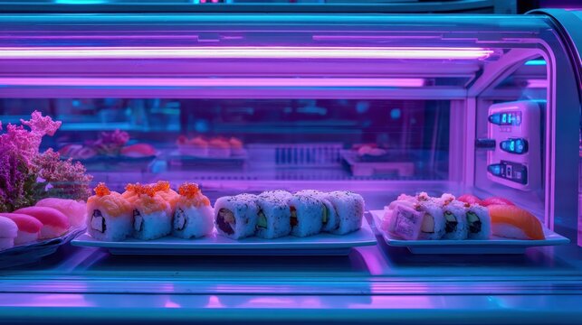 artistic professional photo of glowing sushi set under neon lighting, cyber sushi bar vibe