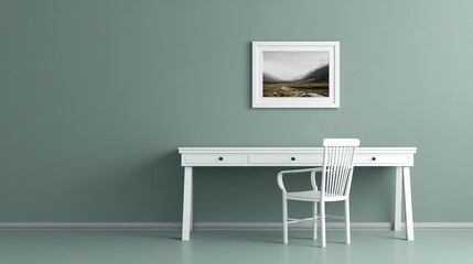 Sleek minimalist white desk with chair and framed photo, featuring a clean and uncluttered solid background.