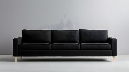 Fototapeta premium Modern Black Sofa With Wooden Legs On Light Gray Background
