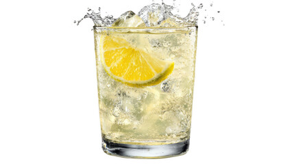 Glass filled with a carbonated beverage, ice cubes, and a lemon slice, with liquid splashing out against a transparent background, creates a refreshing summer drink image
