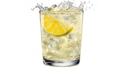 Glass filled with a carbonated beverage, ice cubes, and a lemon slice, with liquid splashing out against a transparent background, creates a refreshing summer drink image