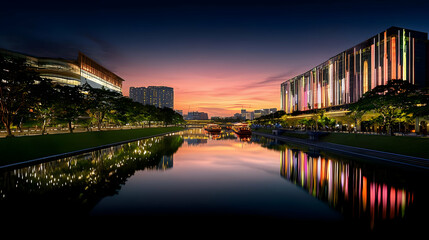 Fototapeta premium Cityscape Reflecting Colorful Lights On River At Sunset
